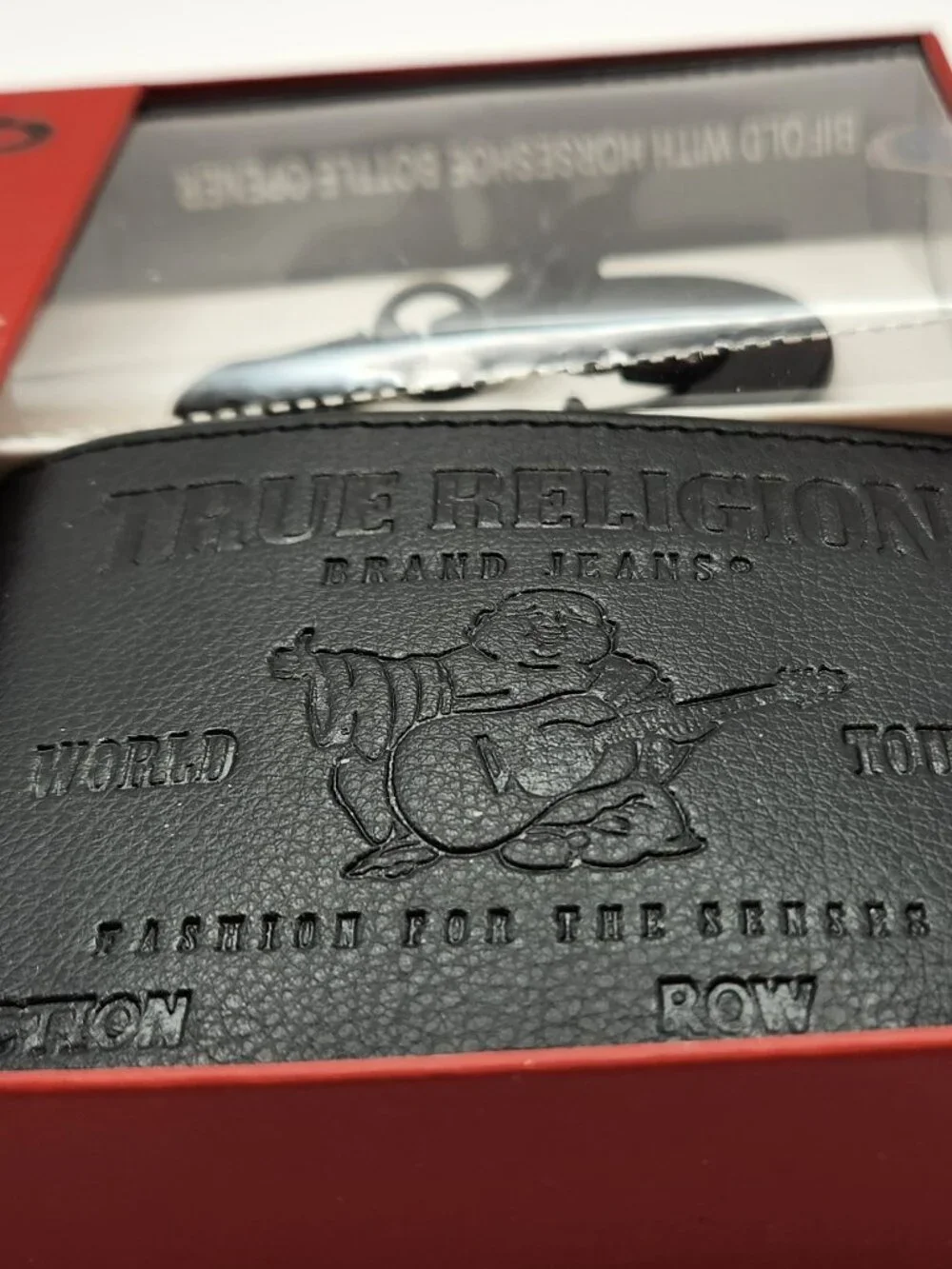 True Religion wallet bifold black with horseshoe keychain bottle opener NWT